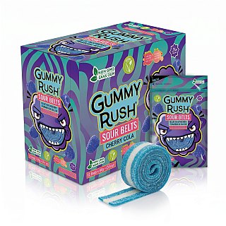 Gummy Rush Sour Belts Blue Raspberry 3.4oz Peg Bag 12ct