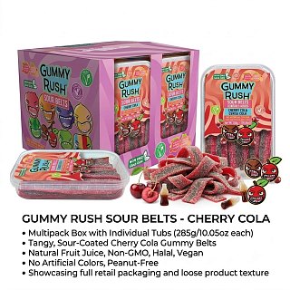 Gummy Rush Turkish Sour Belts Cherry Cola 10oz Tub 12 Pack