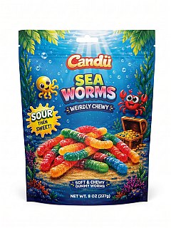 Candu Deep Sea Sour Gummy Worms Candy Assorted Fruit  8oz 12 Pack