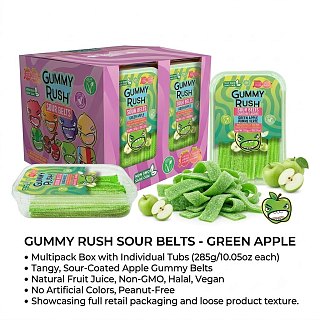 Gummy Rush Turkish Sour Belts Green Apple 10oz Tub 12 Pack