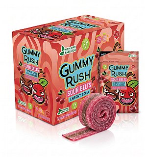 Gummy Rush Sour Belts Cherry Cola 3.4oz Peg Bag 12ct