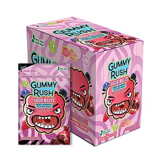 Gummy Rush Sour Belts Pomegranate Berry Bonanza 3.4oz Peg Bag 12ct