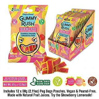 Gummy Rush Mini Sour Belt Bites Strawberry Lemonade 2.11oz 12ct Tray