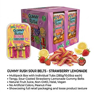 Gummy Rush Turkish Sour Belts Strawberry Lemonade 10oz Tub 12 Pack