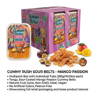 Gummy Rush Turkish Sour Belts Mango Passion 10oz Tub 12 Pack