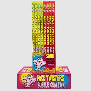Face Twisters Sour Big Bubble Gum Stik 22" 2.2 oz 40ct Stand