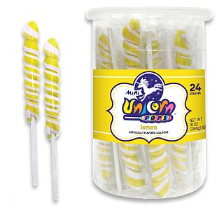 Mini Unicorn Pops Spiral Twist Lemon Yellow Lollipop 24 ct 6.5"