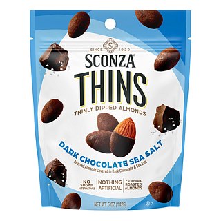 Sconza Thins Dark Chocolate Sea Salt Almonds 5 oz 6 ct Peg Bags