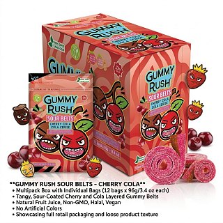 Gummy Rush Turkish Sour Belts Cherry Cola  3.4oz Peg Bag 12ct