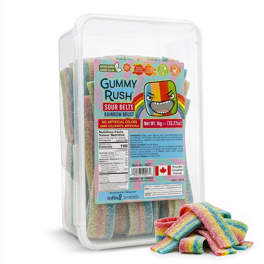 Gummy  Rush Sour Candy Belts Bulk Tub Rainbow Burst 2.2 lb