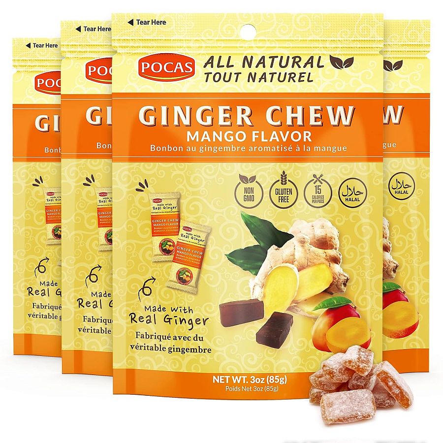 Pocas Ginger Chew  Mango Flavor Candy 3oz 24ct Box