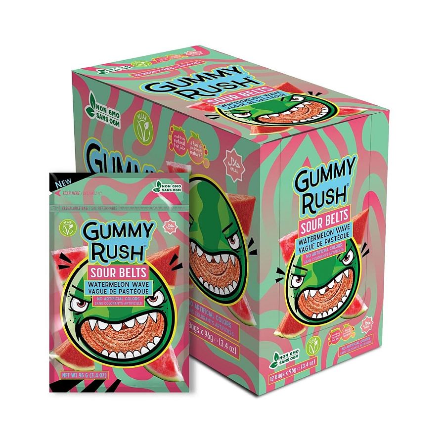 Gummy Rush Sour Belts Rainbow Quattro 3.4oz Peg Bag 12ct