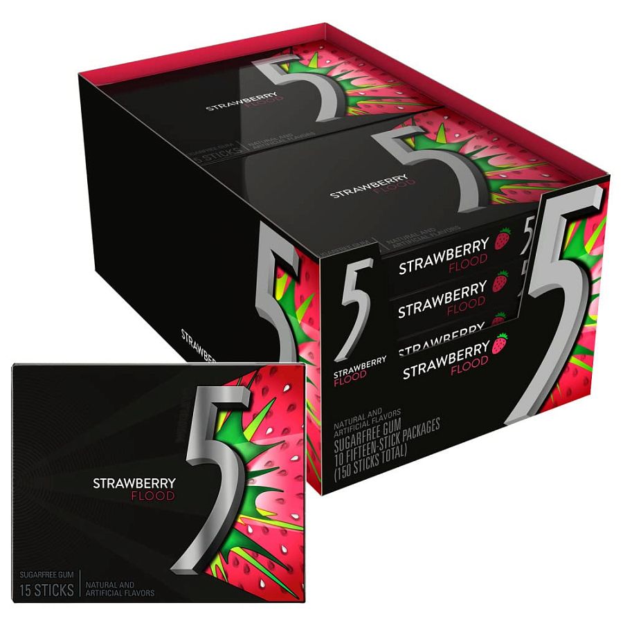 5 Gum Strawberry Flood Sugarfree Gum 10 Count 15 Stick Package