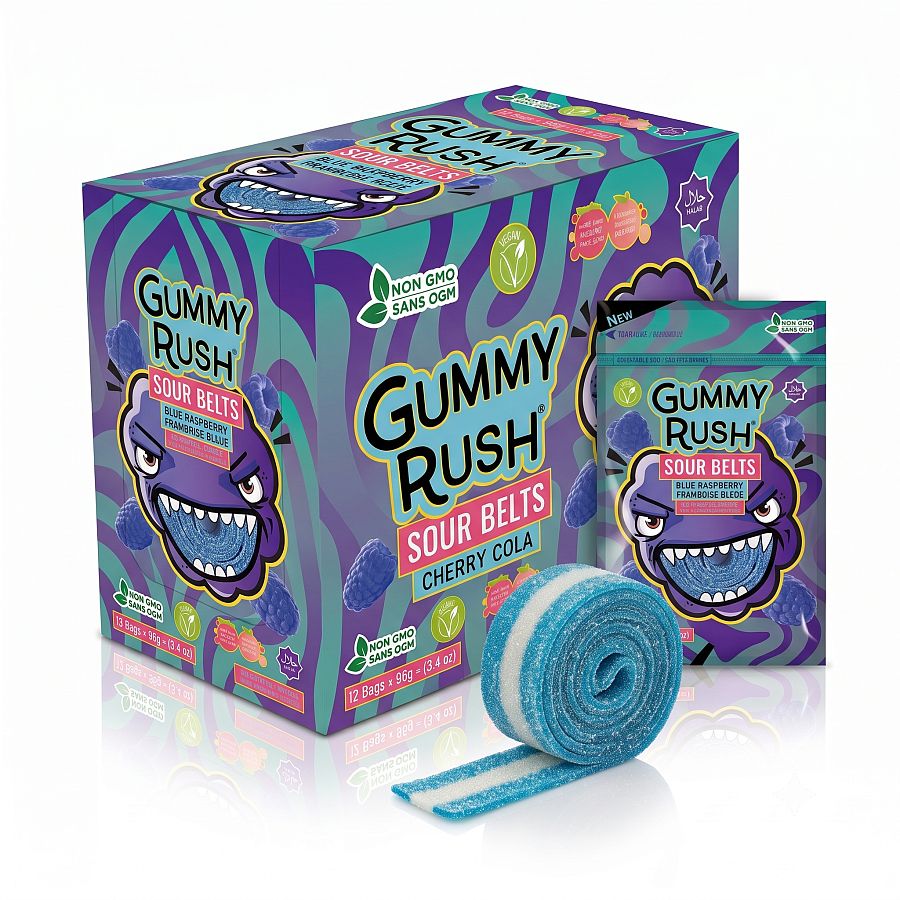 Gummy Rush Sour Belts Blue Raspberry 3.4oz Peg Bag 12ct
