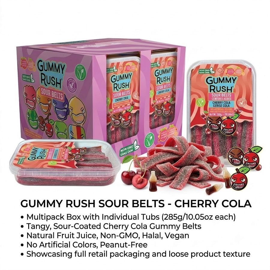 Gummy Rush Turkish Sour Belts Cherry Cola 10oz Tub 12 Pack