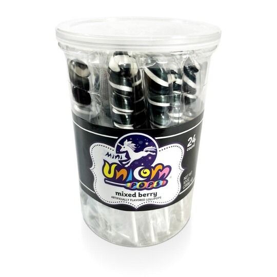 Mini Unicorn Pops Spiral Twist Mixed Berry Black Lollipop 24 ct 6.5"