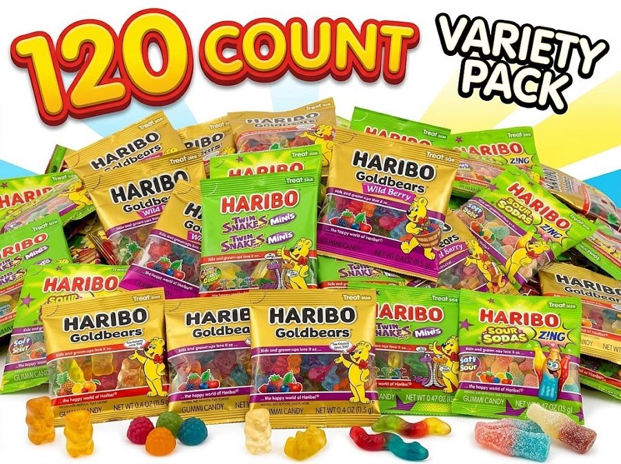 Haribo Treat Size Gummy Bear Worm Candy Assortment 3.1 lb 120 Pack