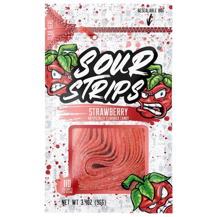 Sour Strips Strawberry Red Sour Candy Belt Peg  3.4 oz 12 ct