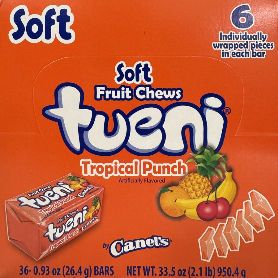 Canels Tueni Soft Fruit Chew Squares Tropical Punch 36 ct Tray