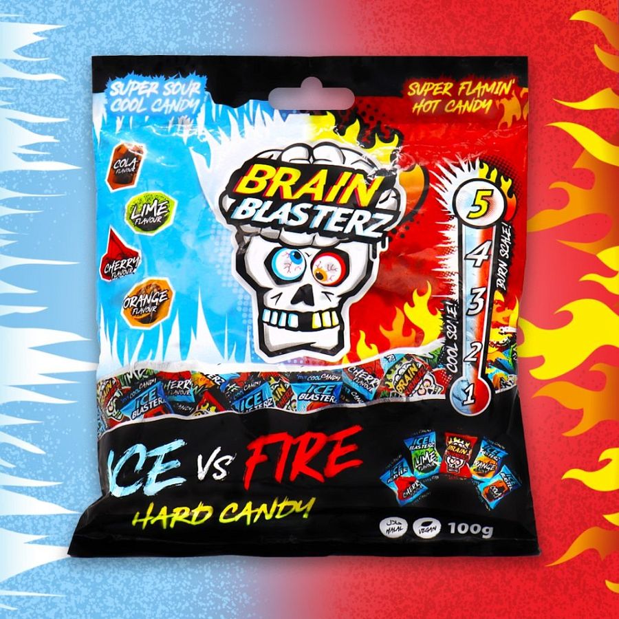 Brain Blasterz Ice vs Fire Sour Cool Candy 100g 12 ct UK Import