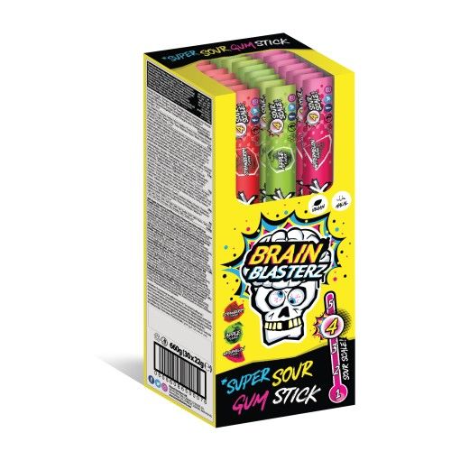 Brain Blasterz Super Sour Gum Sticks 3 Flavor 10" 33ct Tray