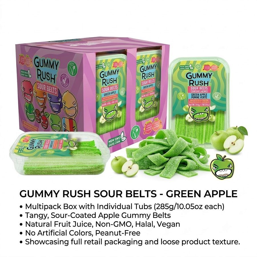 Gummy Rush Turkish Sour Belts Green Apple 10oz Tub 12 Pack