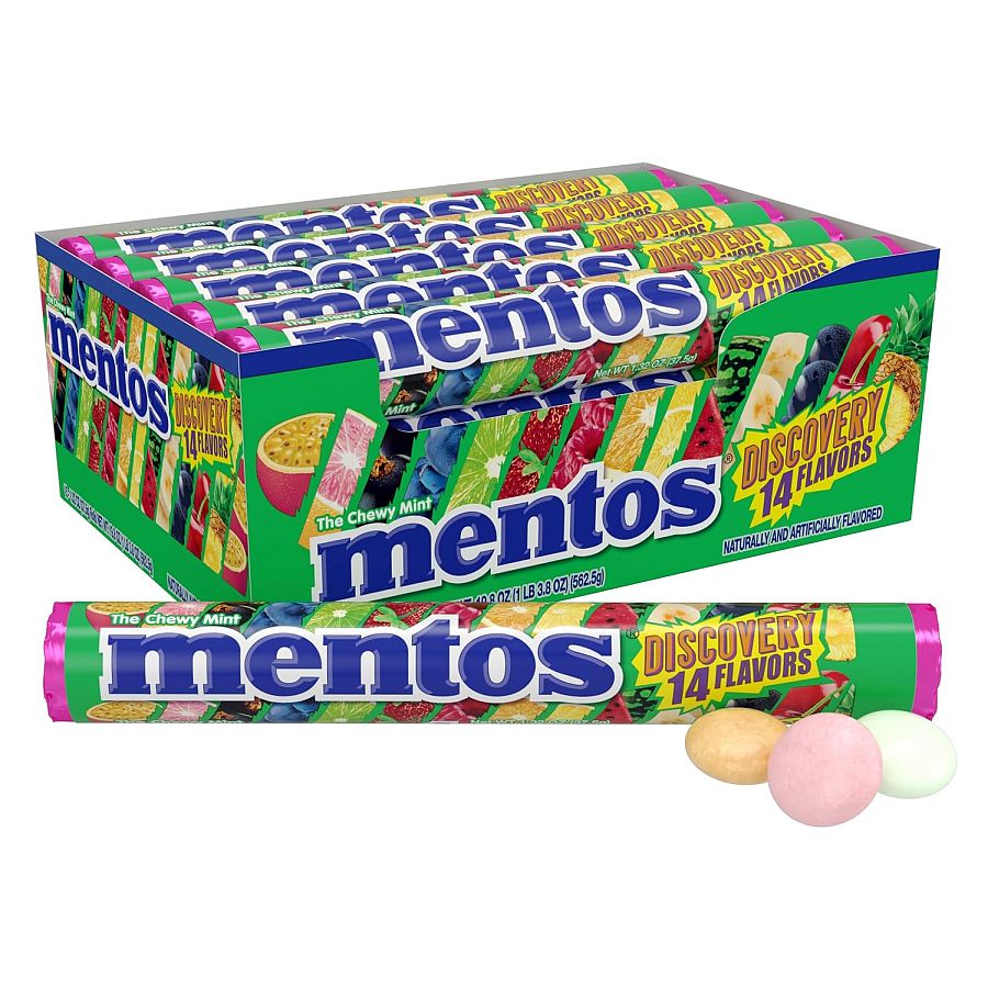 Mentos Discovery 14 Flavor Fruit Chew Candy Roll 15ct Tray