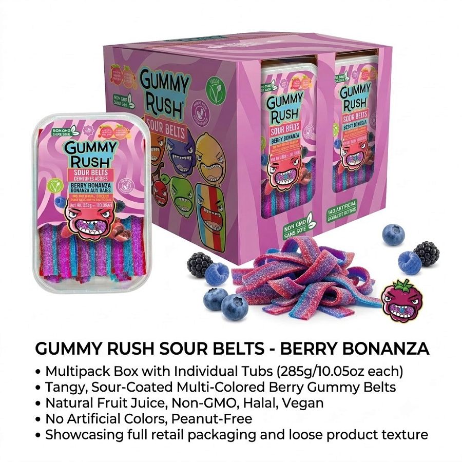 Gummy Rush Turkish Sour Belts Berry Bonanza 10oz Tub 12 Pack
