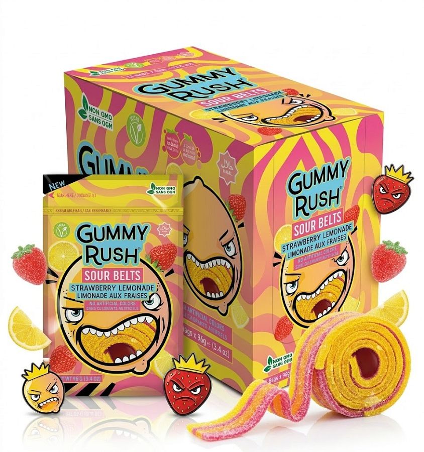 Gummy Rush Turkish Sour Belts Strawberry Lemonade 3.4oz Peg Bag 12ct