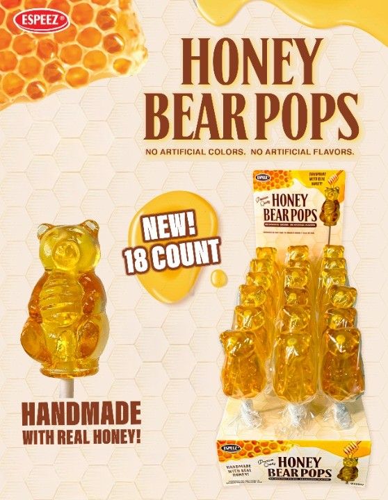 Espeez Real Honey Bear Pops Lollipops 18ct Tray