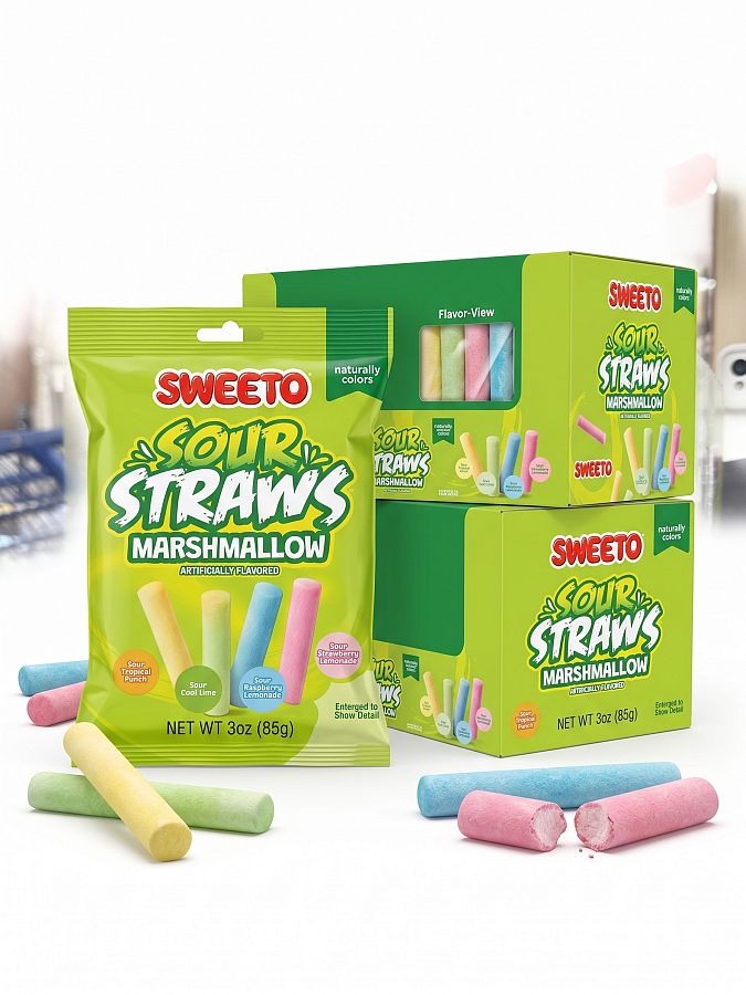 Sweeto Sour Straws Marshmallow Sticks  4 Flavor 3oz 12 Pack
