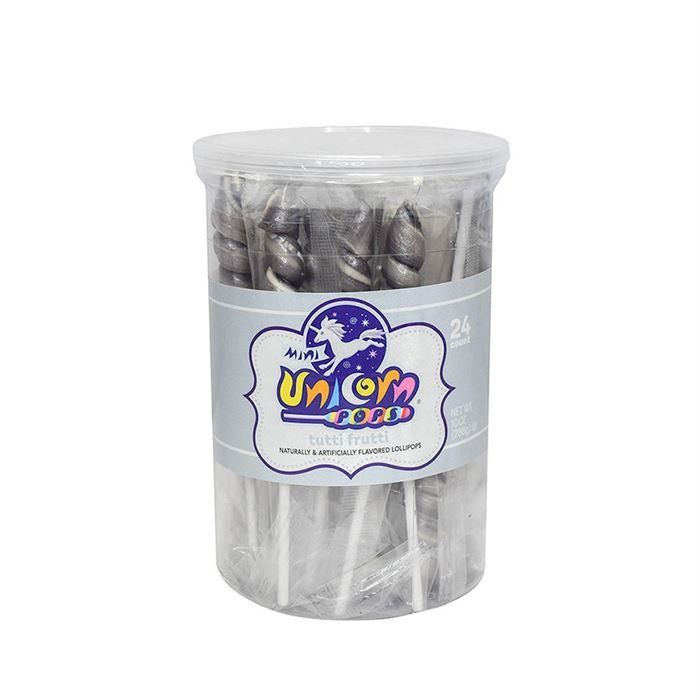 Mini Unicorn Pops Spiral Twist Silver Tutti Frutti Lollipop 24 ct 6.5"