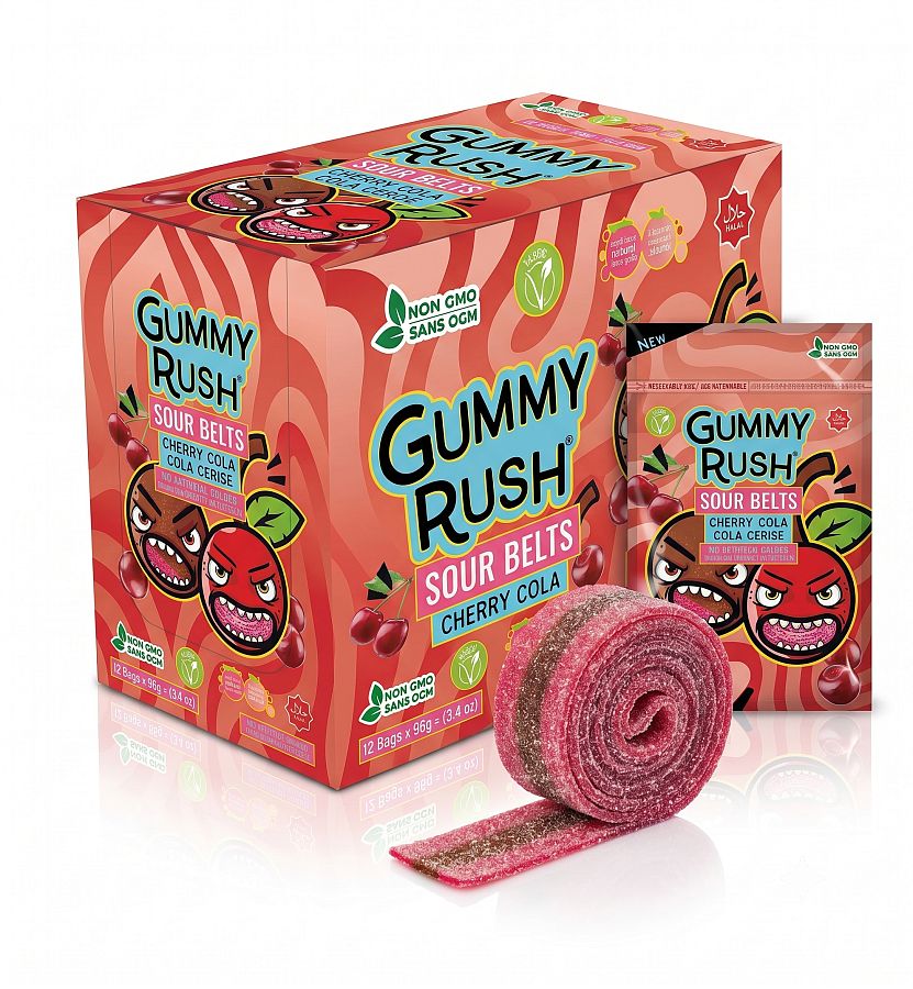 Gummy Rush Sour Belts Cherry Cola 3.4oz Peg Bag 12ct