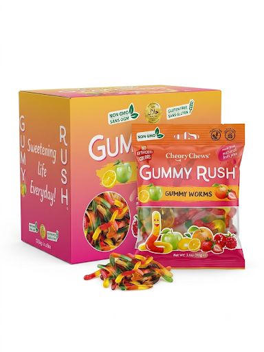 Gummy Rush Fruit Worms Gummy Candy 3.17oz 12ct Tray Copy