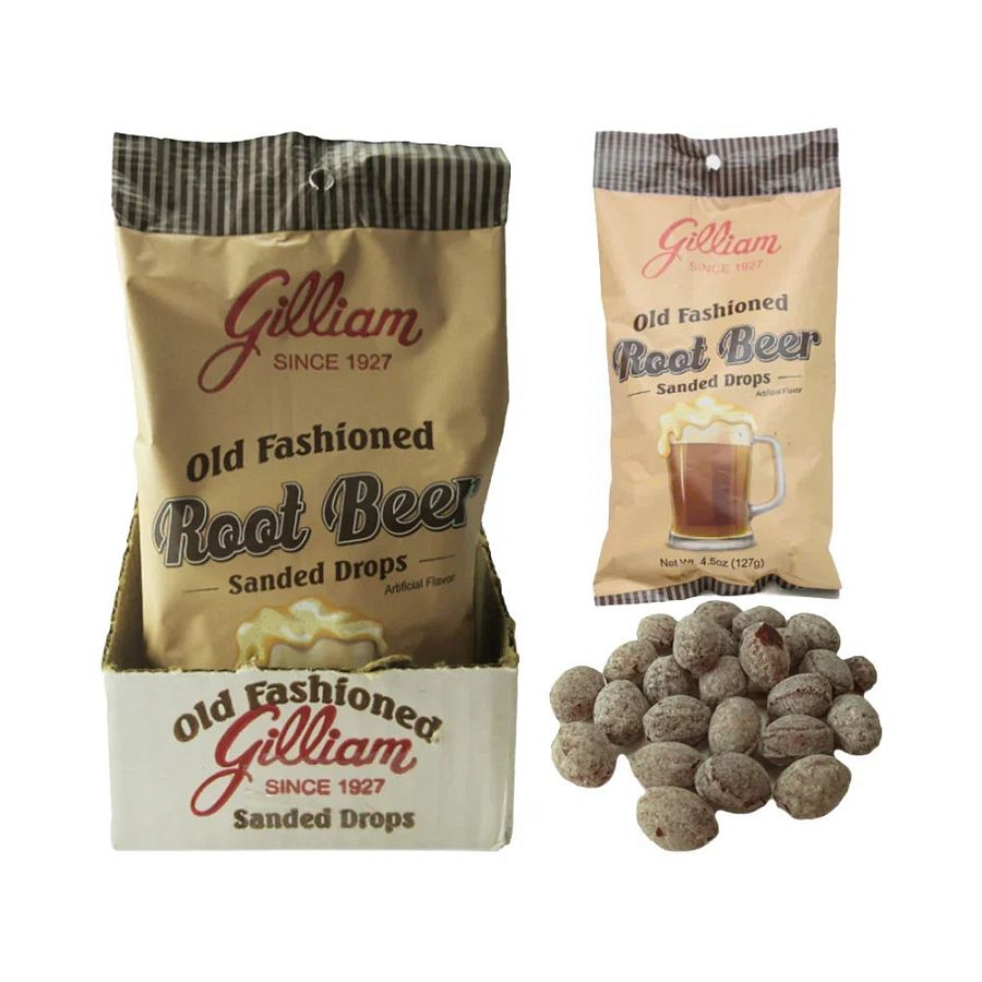 Gilliam Old Fashioned Sanded Hard Candy Drops ROOT BEER 4.5oz 12ct Tray Copy