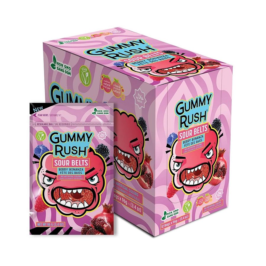 Gummy Rush Sour Belts Pomegranate Berry Bonanza 3.4oz Peg Bag 12ct