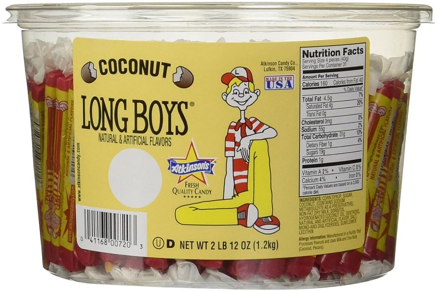 Atkinson Coconut Long Boy Caramel Candy Tub 44 oz 130ct