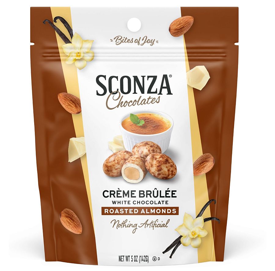 Sconza Creme Brulee White Chocolate Almonds 5 oz 6 ct Peg Bags