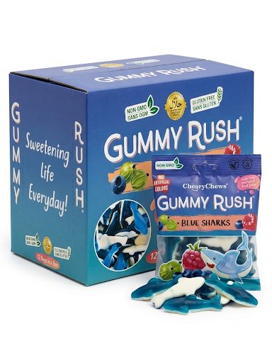 Gummy Rush Blue Sharks Gummy Candy 3.17oz 12ct Tray