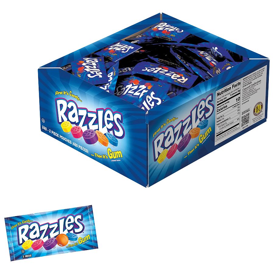 Razzles 2-Piece Fun Size Fruit Candy Gum 240 ct Tray