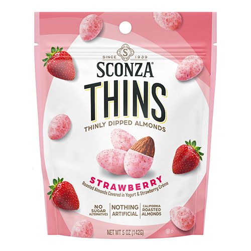 Sconza Thins Strawberry Yogurt Almonds 5 oz 6 ct Peg Bag