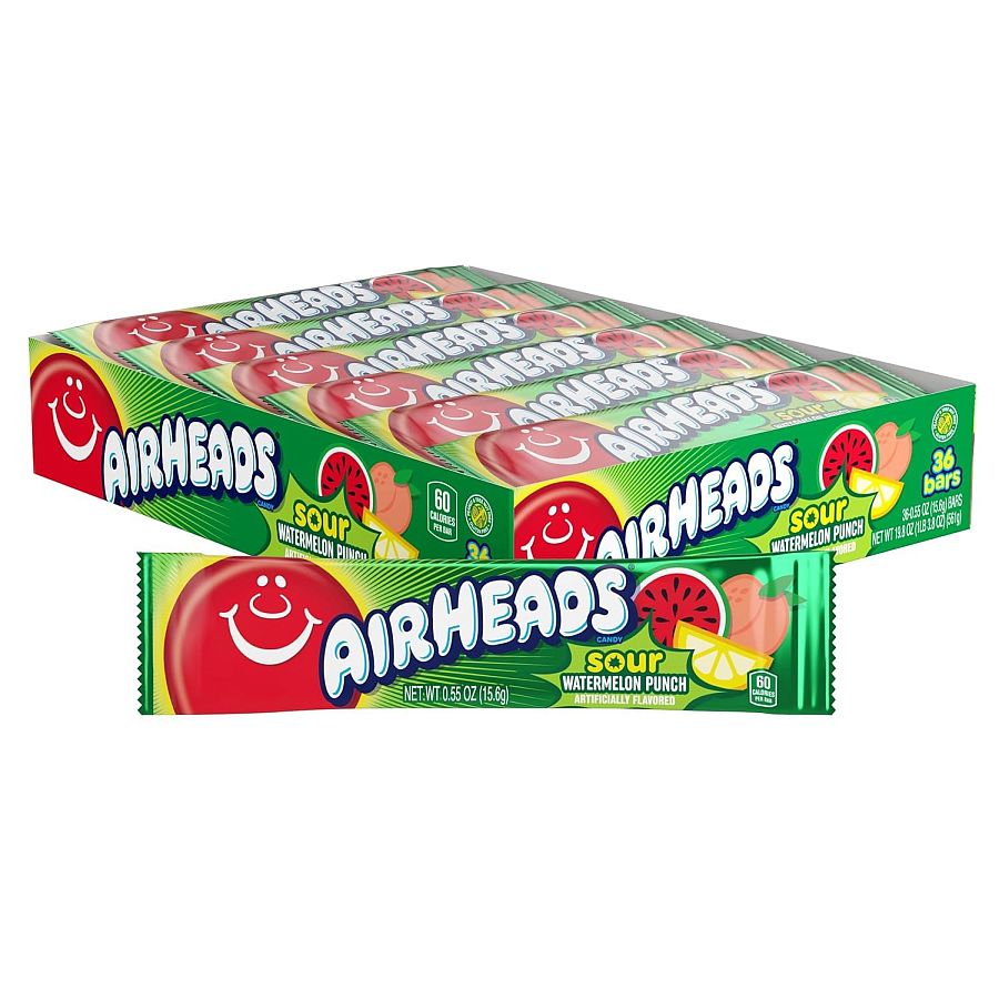 Airheads Singles Sour Watermelon Punch 36 Bars 0.55 Ounce Tray