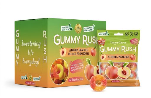 Gummy Rush Atomic Peach Rings Gummy Candy 3.17oz 12ct Tray