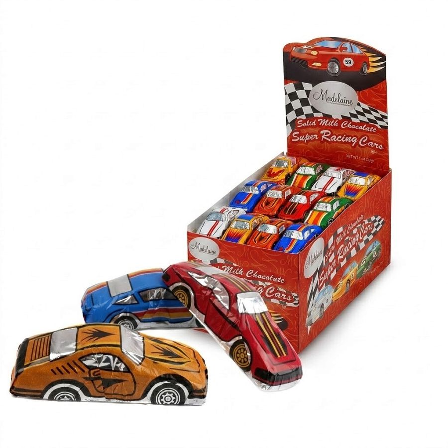 Madelaine Solid Milk Chocolate 3" Race Cars 60ct Display Tray