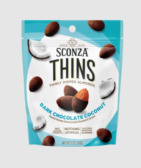 Sconza Thins Dark Chocolate Coconut Almonds 5 oz 6 ct Peg Bag