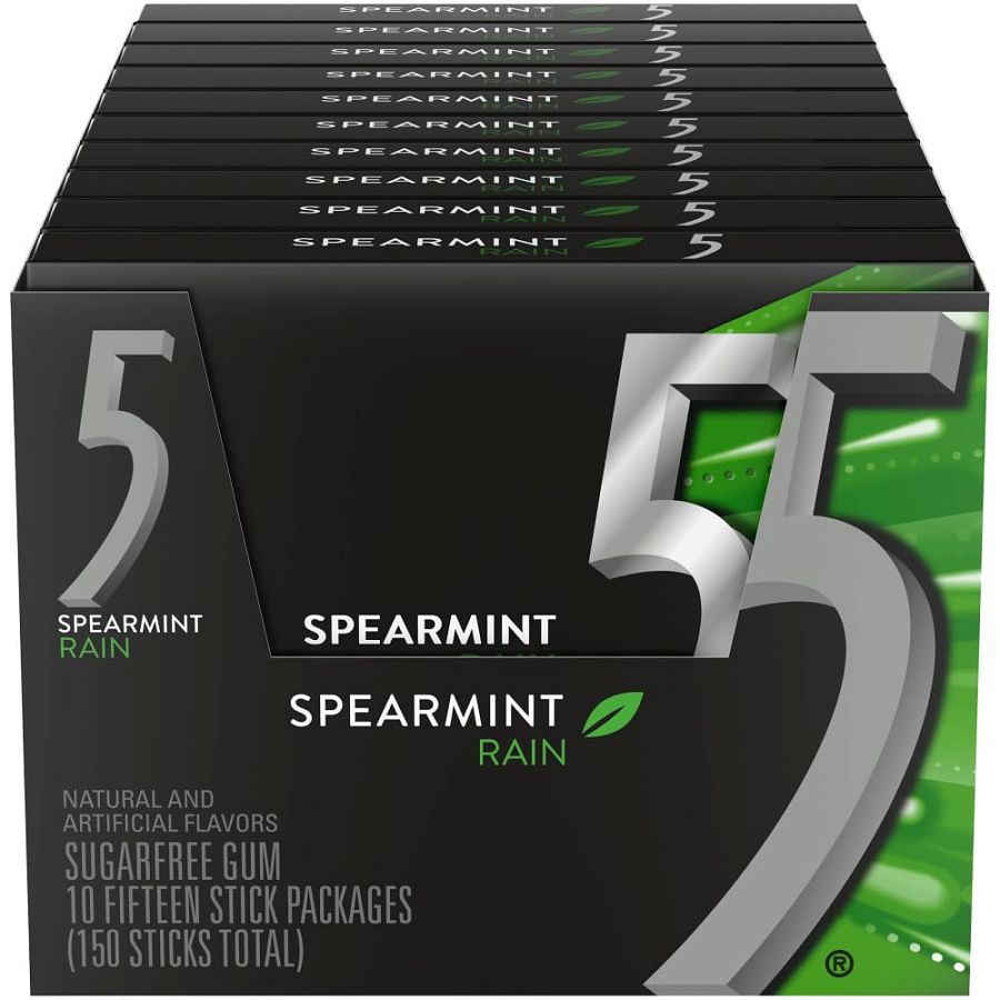 5 Gum Spearmint Rain Sugar Free Chewing Gum (Pack of 10)