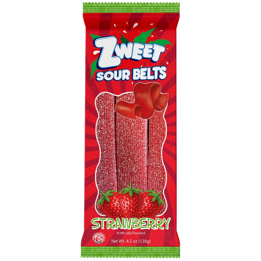 Zweet Sour Strawberry Candy Belts 4.5 oz 12 ct Kosher Parve