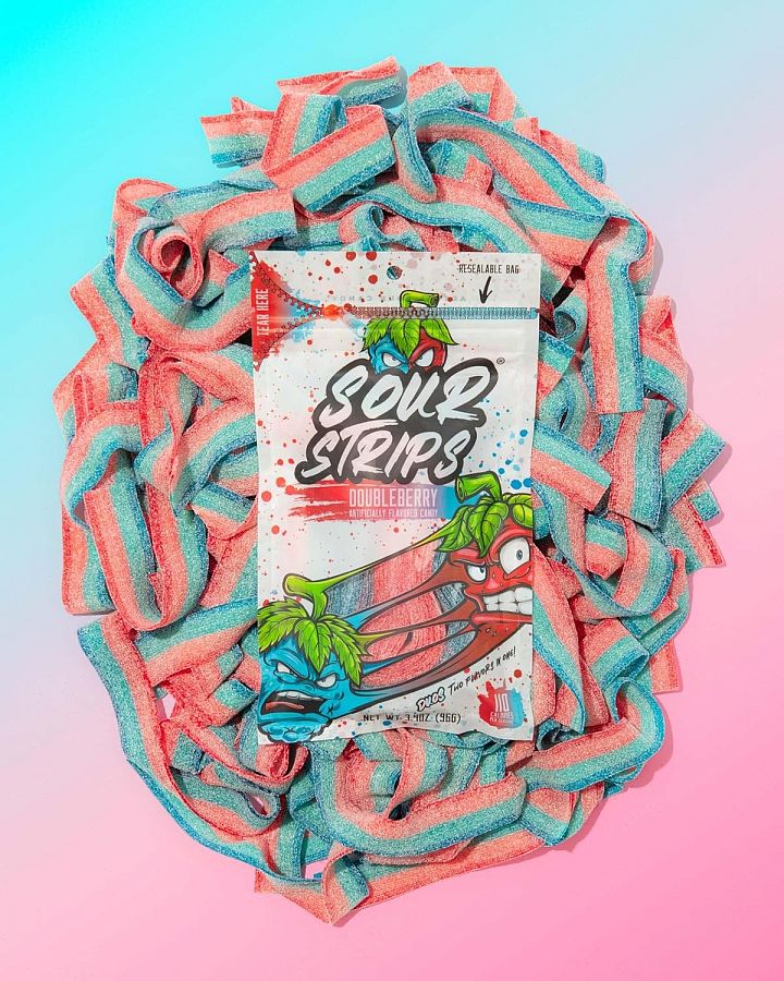 Sour Strips Doubleberry Sour Candy Belt Peg  3.4 oz 12 ct