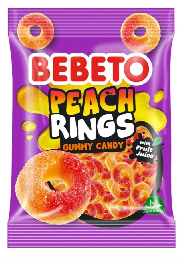 Bebeto Import Peach Rings Gummy Peg Bag 2.82 oz 12ct Tray