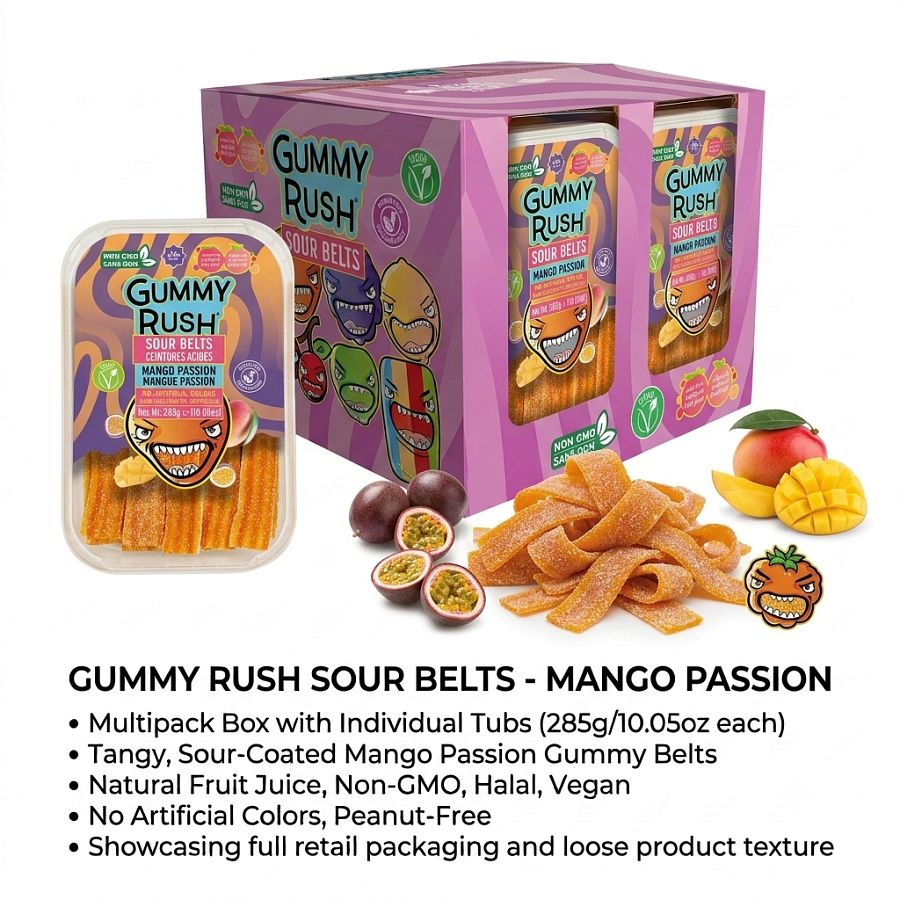 Gummy Rush Turkish Sour Belts Mango Passion 10oz Tub 12 Pack